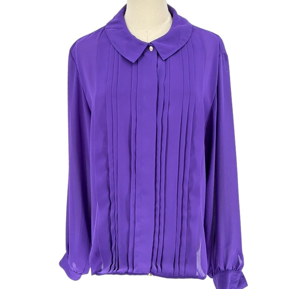 Vintage Notations Blouse Purple‎ Pleated Peter Pan Collar Size 14